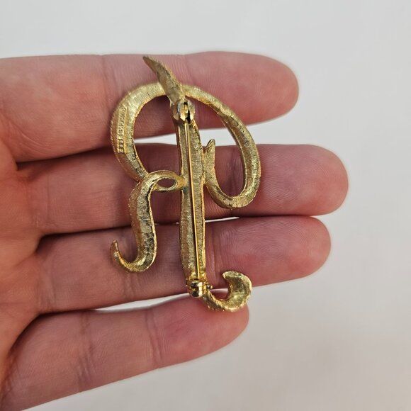 Mamselle Letter R Initial Brooch Gold Tone Monogram Script Retro Brushed Jewelry - Picture 8 of 9